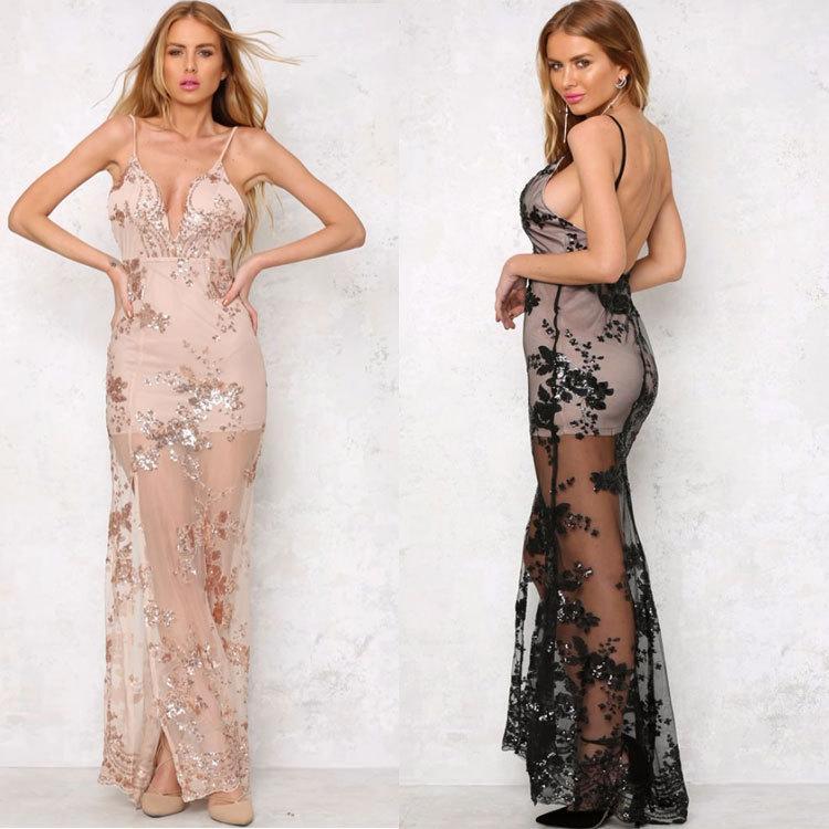 Sexy Sequin Spaghetti Strap Split Party Maxi Dress