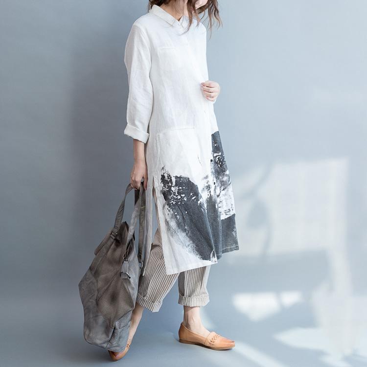 Linen Cotton Loose Long Sleeve Shirt Dress