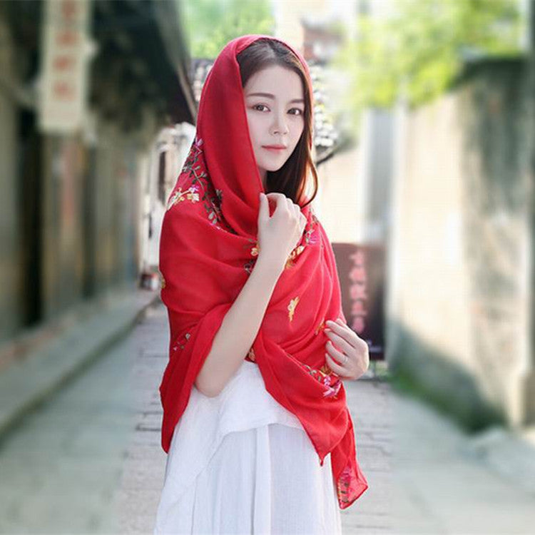 Embroidered cotton and linen scarf tourism sunscreen ethnic silk scarf women beach towel shawl