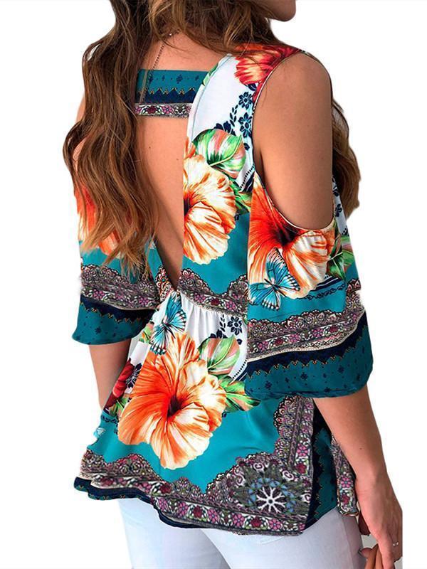 Summer Hot  Women Clothes  Casual Leisure Floral Shirt V Neck Tops Half Sleeve Blouse  Beach