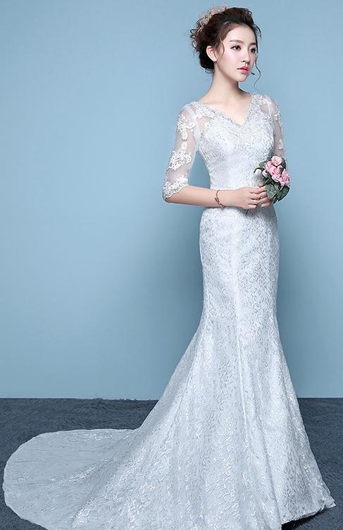 Sleeve Slim Waisttail Fishtail Tail Wedding Dress