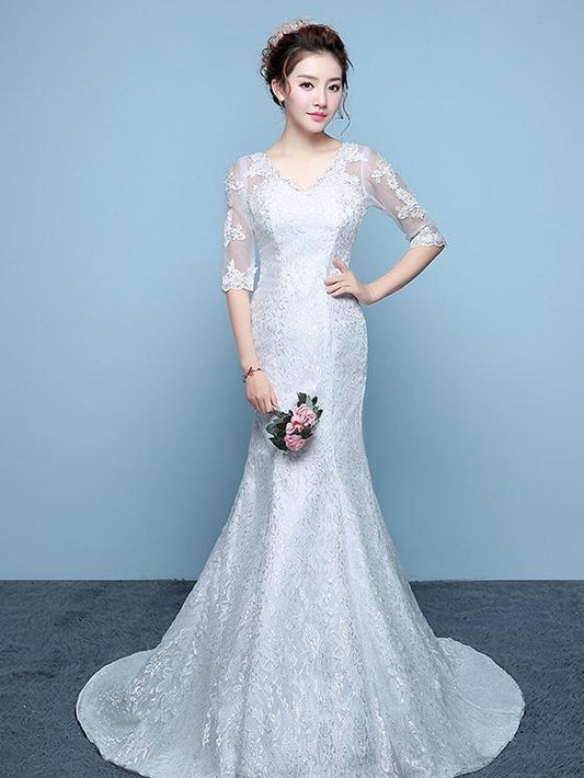 Sleeve Slim Waisttail Fishtail Tail Wedding Dress