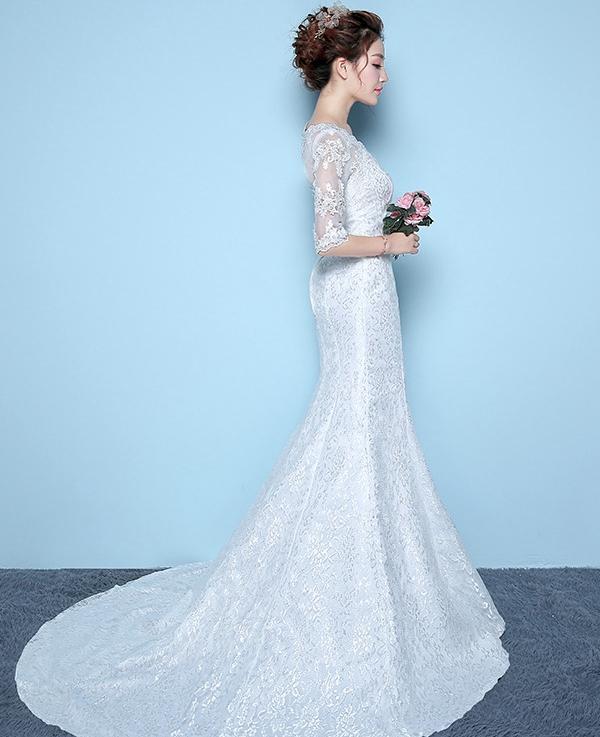 Sleeve Slim Waisttail Fishtail Tail Wedding Dress