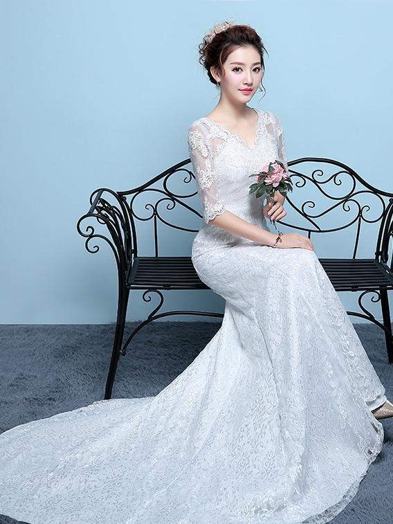 Sleeve Slim Waisttail Fishtail Tail Wedding Dress