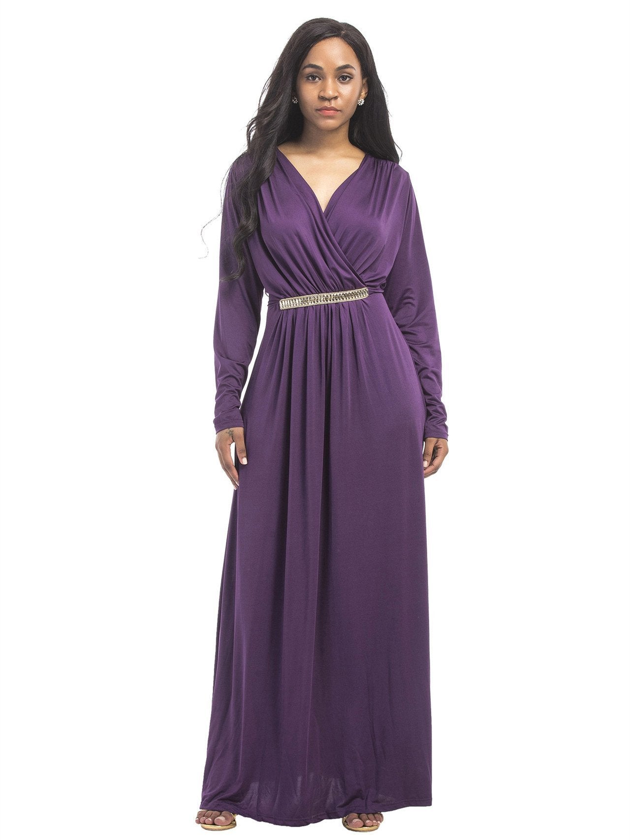 Solid Color V-neck Maxi Dress