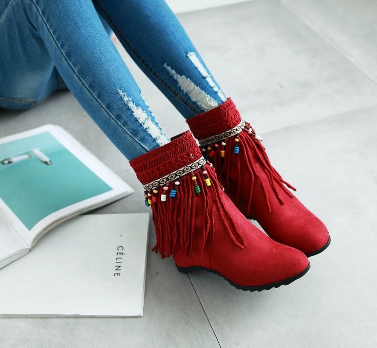 Tassel Beaded Roman Folk Style Hidden Heel Plus Size Short Boots