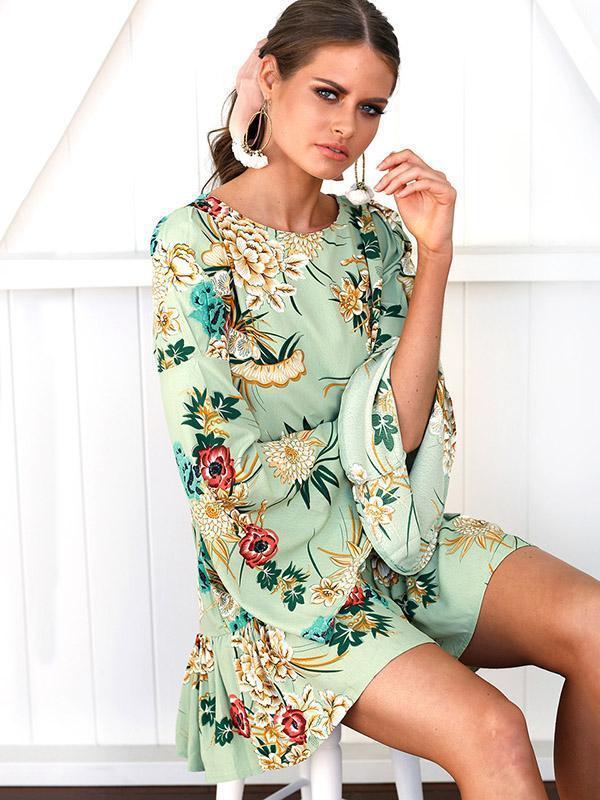 Floral Flared Sleeves Mini Dress