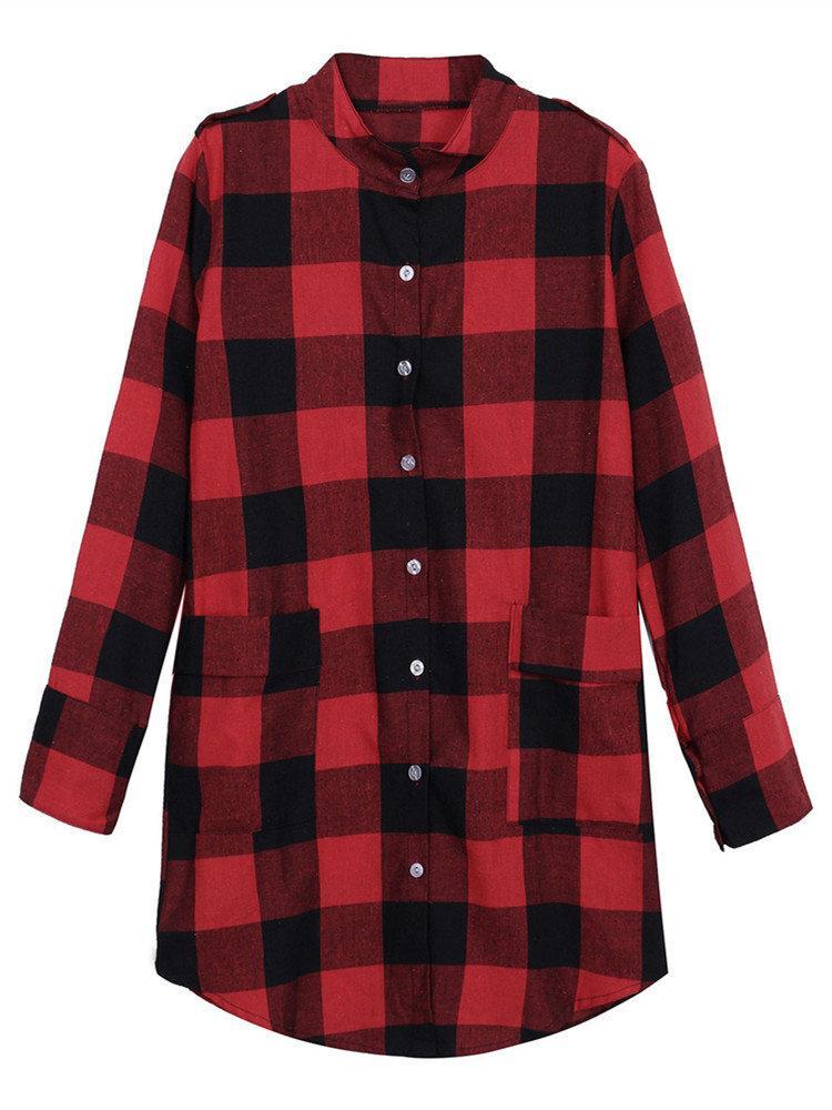 Women Long Sleeve Boyfriend Scottish Plaid Pockets Button Blouses