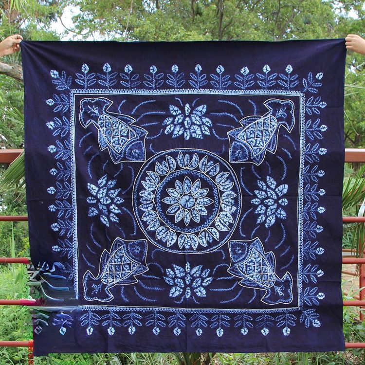 Tie Dyed TableCloth Handmade Blue Dyed Fabric Bed Sheet Ethnic Style Square Row Fish TableCloth