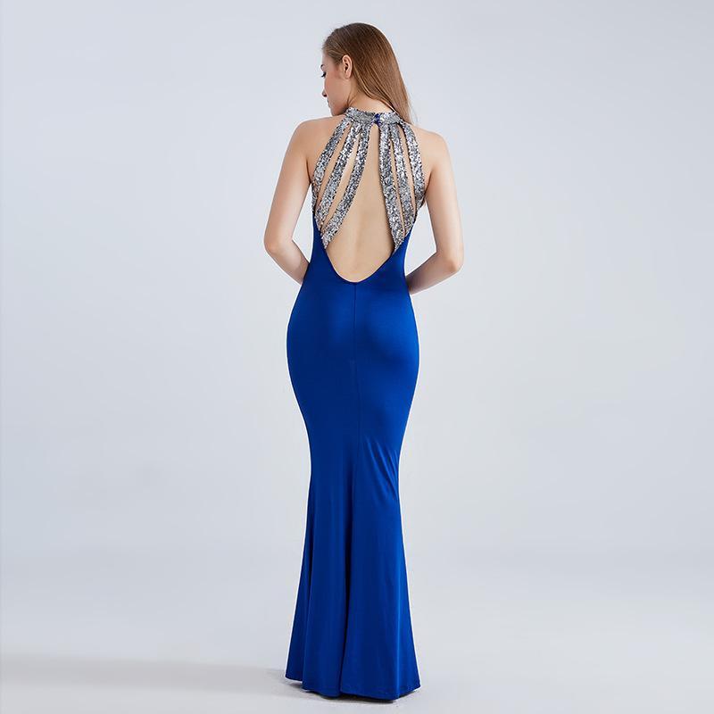 Fashion Sequins Sexy Backless Hanging Neck Fishtail Evening Dress