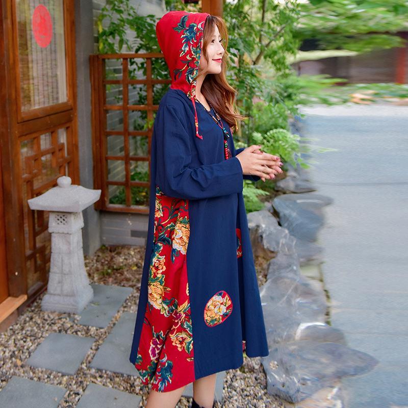 National Style Loose Print Cotton and Linen Hooded Dress