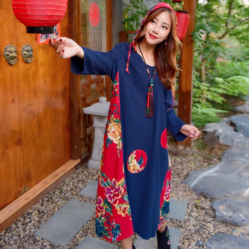 National Style Loose Print Cotton and Linen Hooded Dress