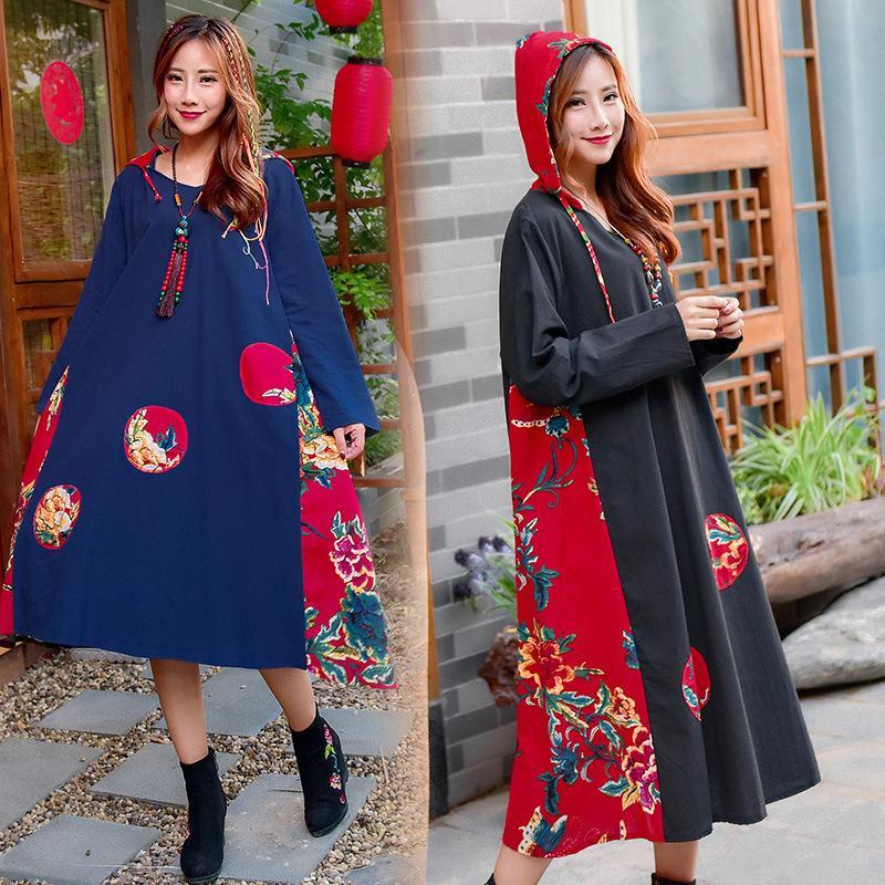 National Style Loose Print Cotton and Linen Hooded Dress