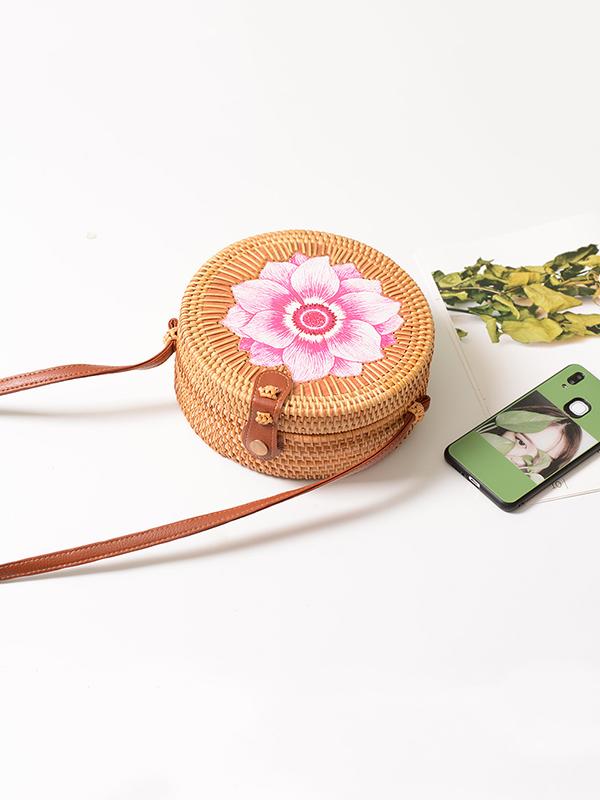 Boho Style Rattan Flower Pattern Round Bag