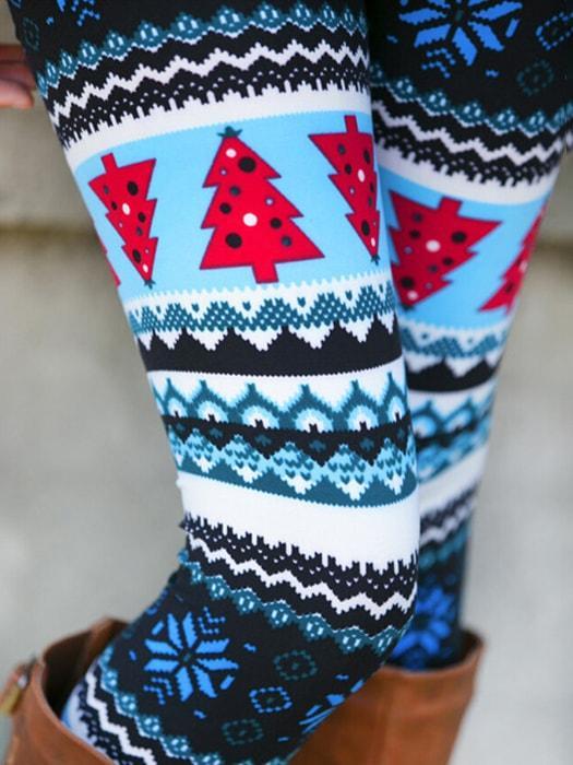 Christmas Tree Tribal Pattern Leggings In Blue