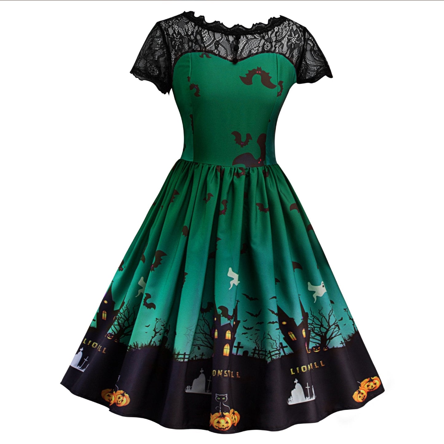 Women Short Sleeve Castle Pumpkin Halloween Lace Dress