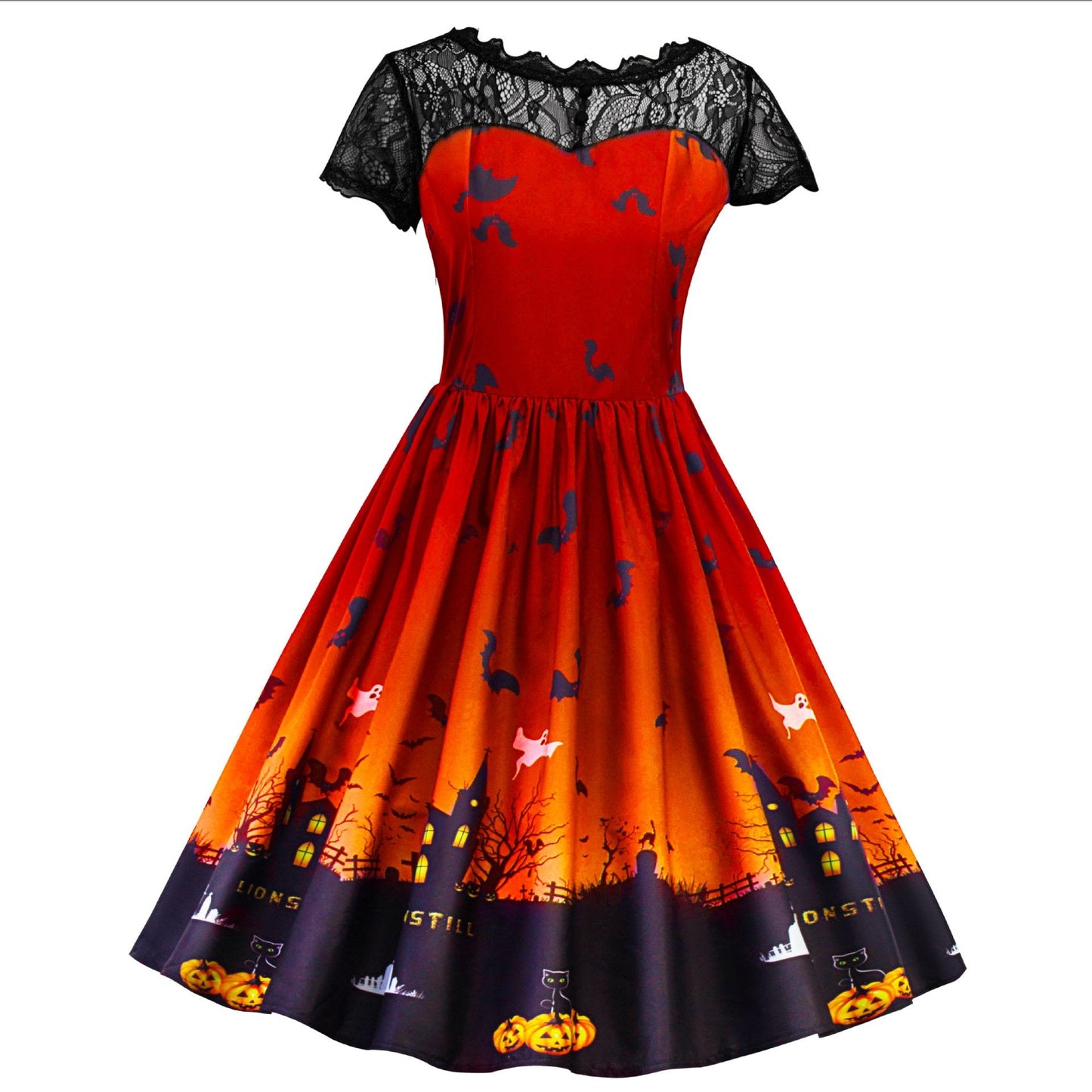 Women Short Sleeve Castle Pumpkin Halloween Lace Dress