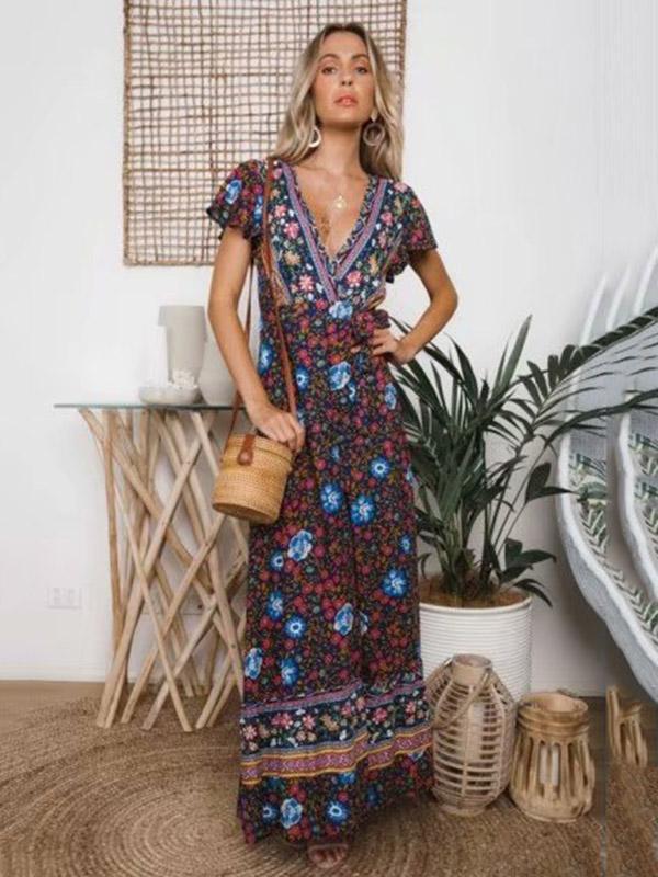 Boho Lace-up V-neck Printed Maxi Dresses