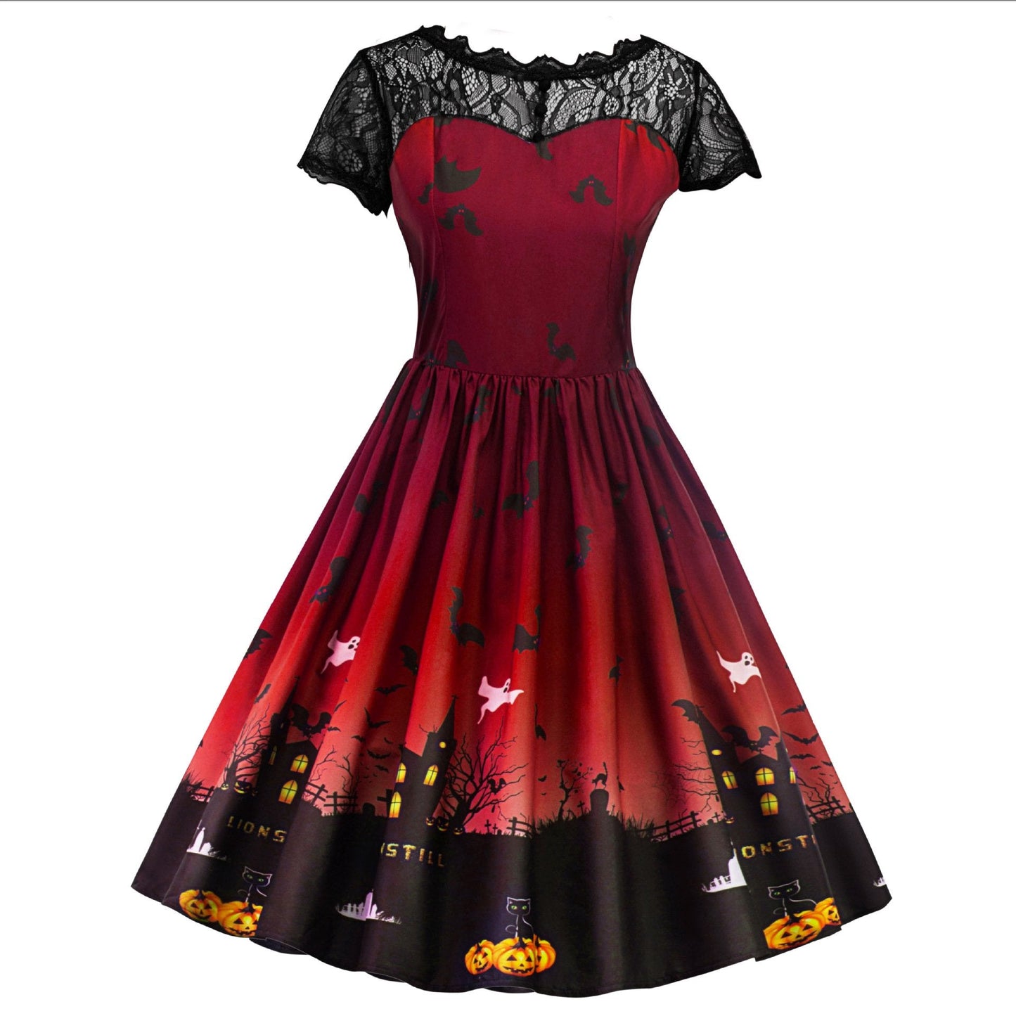 Women Short Sleeve Castle Pumpkin Halloween Lace Dress