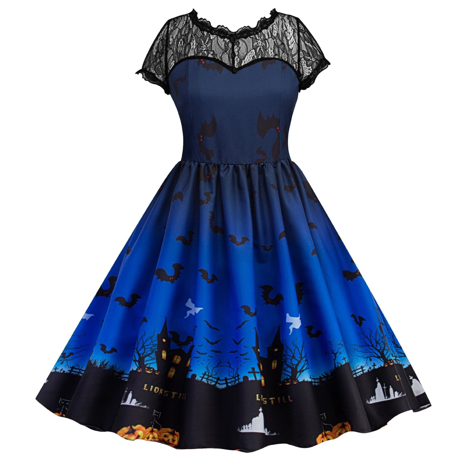 Women Short Sleeve Castle Pumpkin Halloween Lace Dress