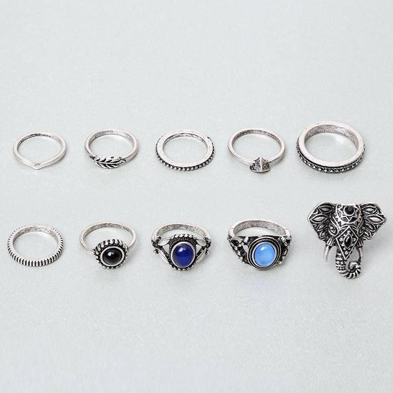 Bohemian Elephants Ring Retro Stone 10pcs Rings Sets For Women