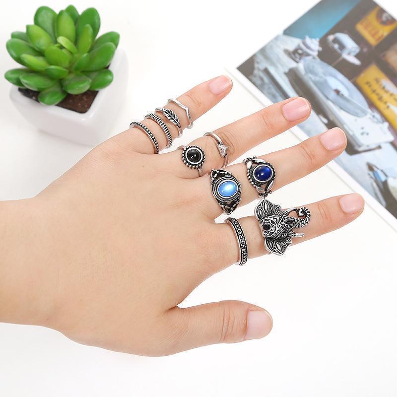 Bohemian Elephants Ring Retro Stone 10pcs Rings Sets For Women