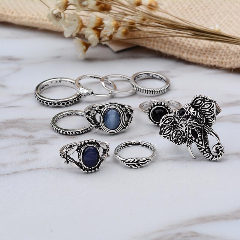 Bohemian Elephants Ring Retro Stone 10pcs Rings Sets For Women