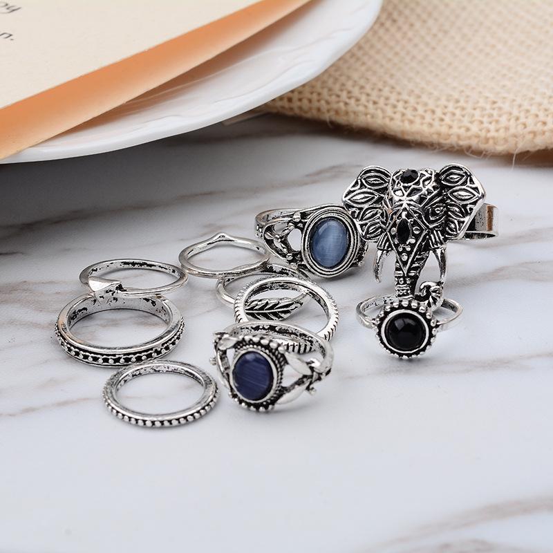 Bohemian Elephants Ring Retro Stone 10pcs Rings Sets For Women