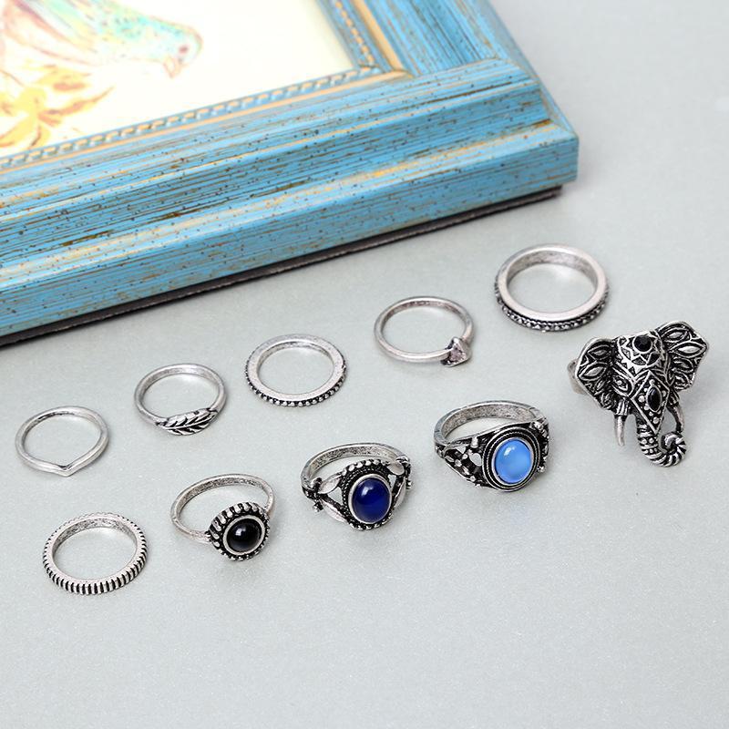 Bohemian Elephants Ring Retro Stone 10pcs Rings Sets For Women