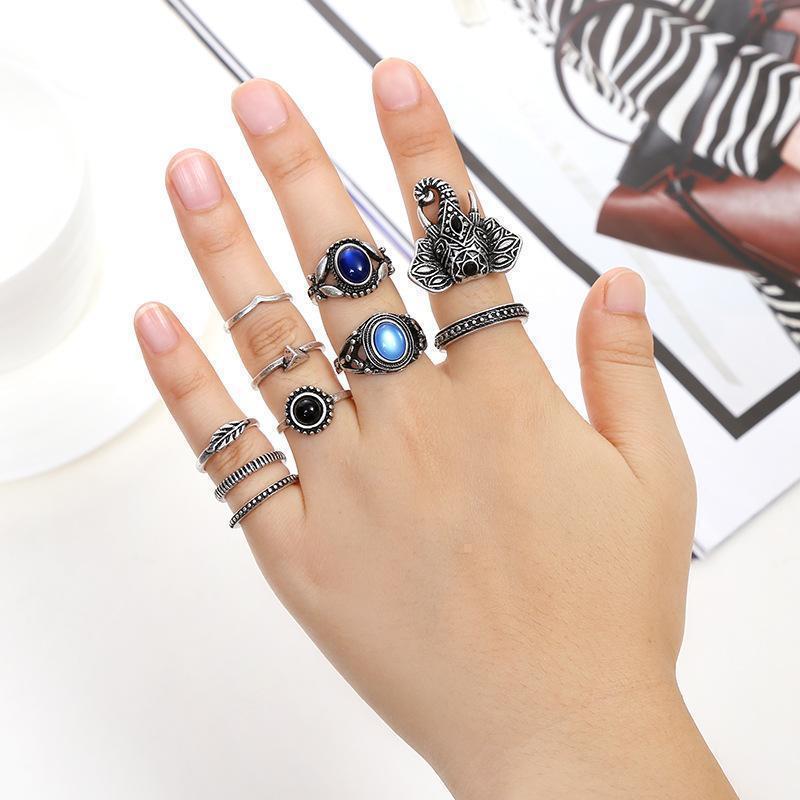 Bohemian Elephants Ring Retro Stone 10pcs Rings Sets For Women