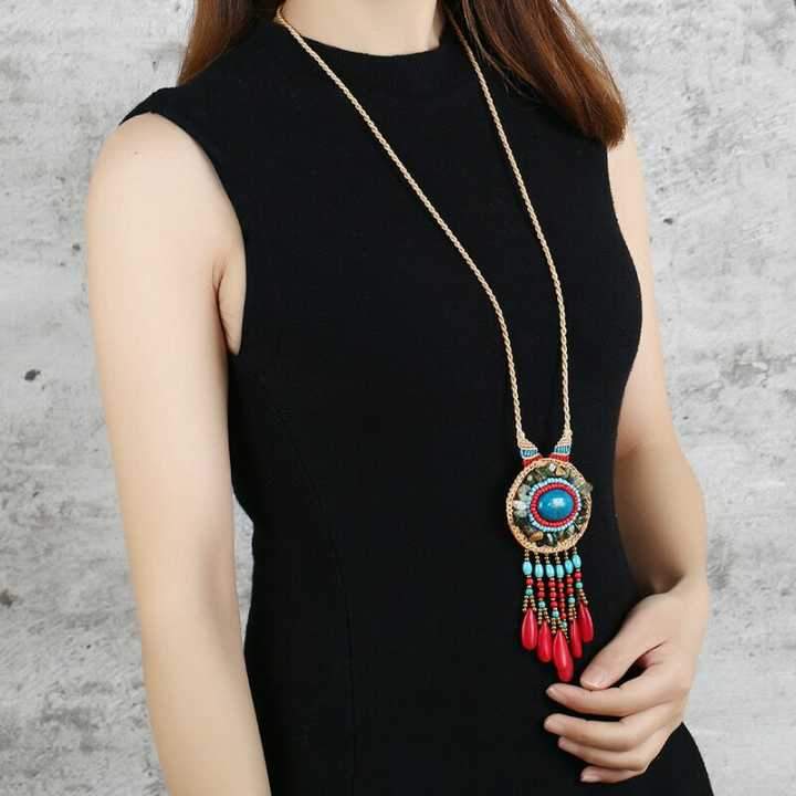 Hand-woven Folk Style Tibet Turquoise Spike Long Necklace