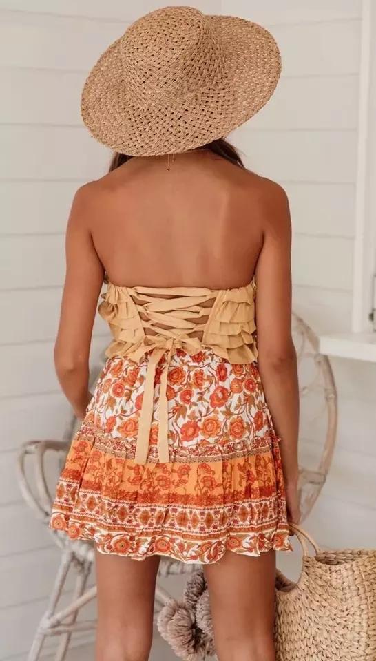 Mini Rok Geel Katoen Bloemenprint Elastische Taille Chic  Beach Boho Casual  Short Skirt