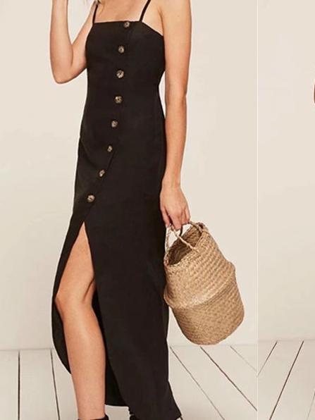 2018 SPAGHETTI STRAPS BUTTON SEXY LONG DRESS