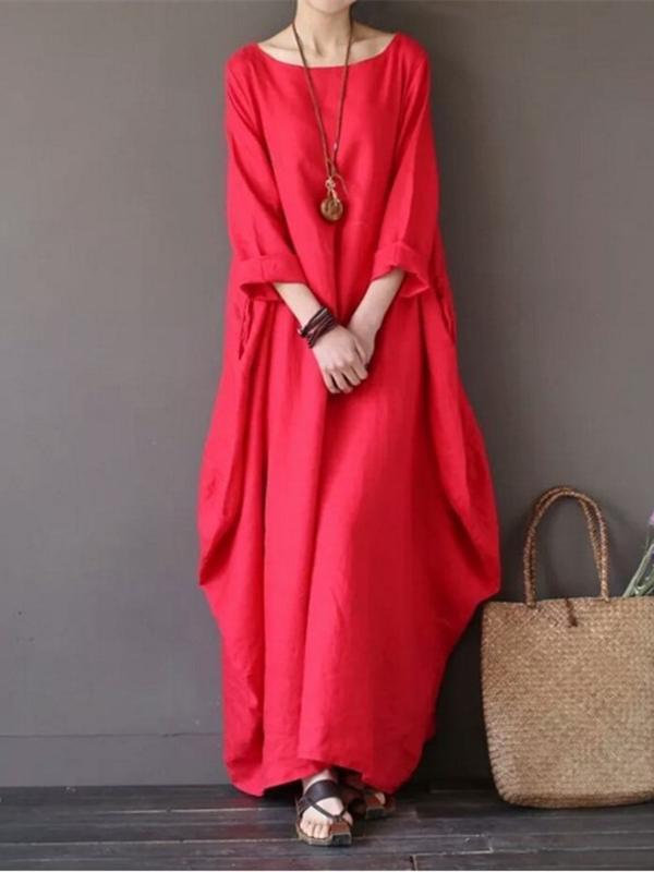 Solid Color Loose Casual Round Neck Maxi Dress