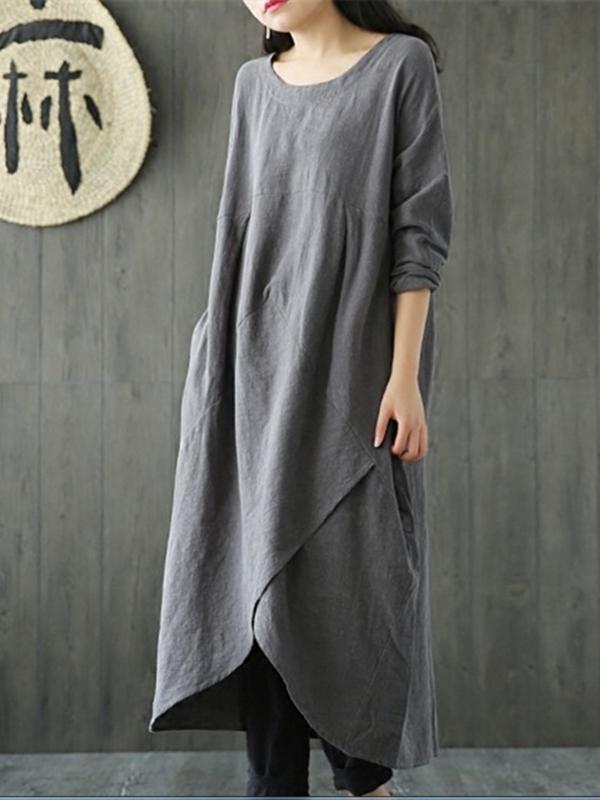 Solid Color Linen Cotton Loose Maxi Dress