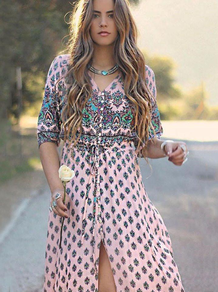 Pretty Bohemia Floral V Neck Half Sleeve Front Split Maxi Dress