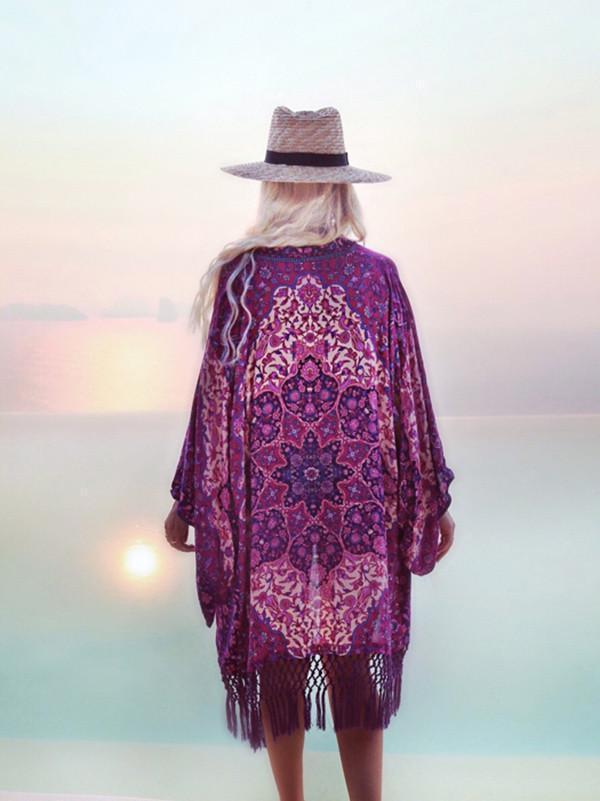 Chiffon Printed Tassel Cardigan Beach Bikini Cover Up