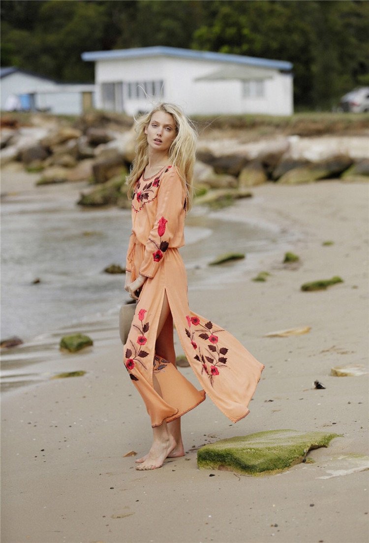 Floral Long Sleeve Split Beach Maxi Dress