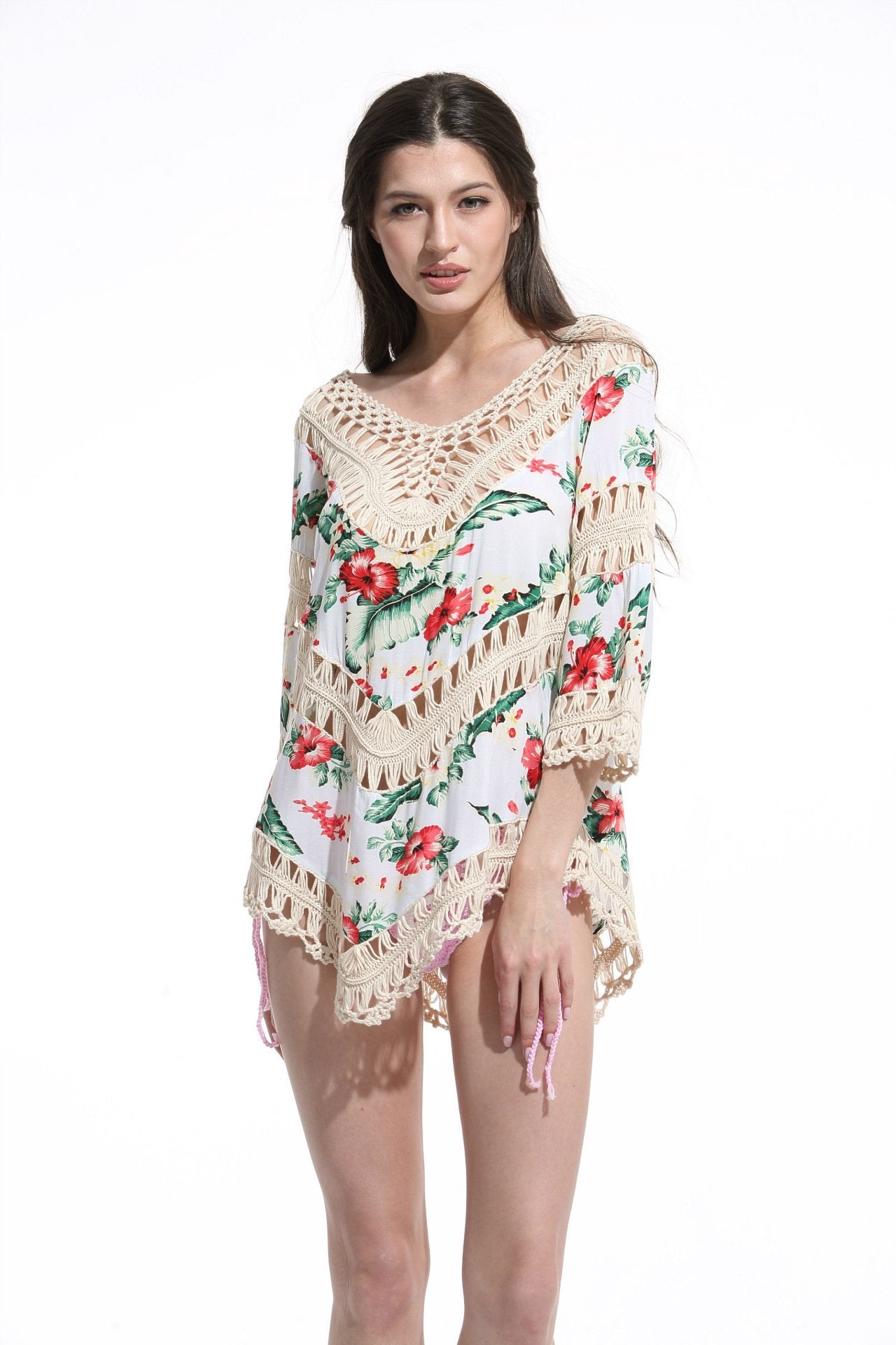 Print Lace Pullover Beach Swimwear Tops Bikini Cover Up