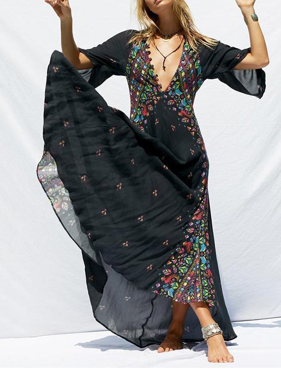 Print Deep V Neck Bohemia Beach Maxi Dress