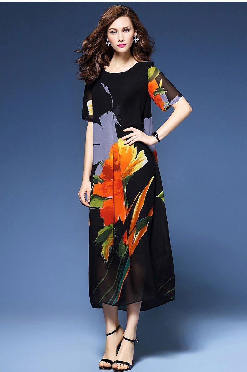 Flower Short Sleeve Plus Size Casual Maxi Dress