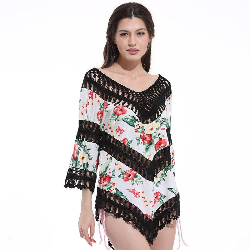 Print Lace Pullover Beach Swimwear Tops Bikini Cover Up