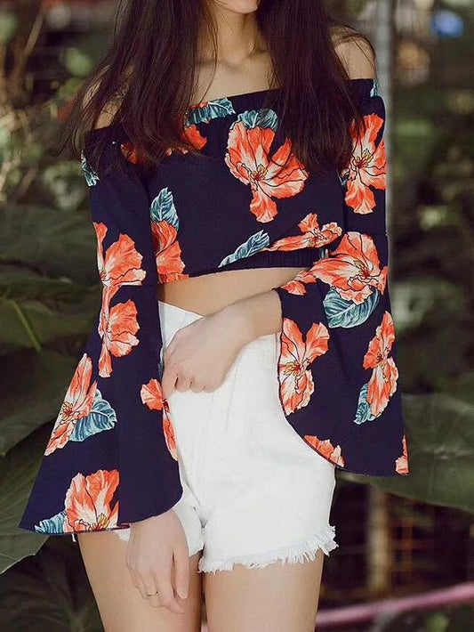 Floral Print Off Shoulder Long Sleeve Tops Blouse
