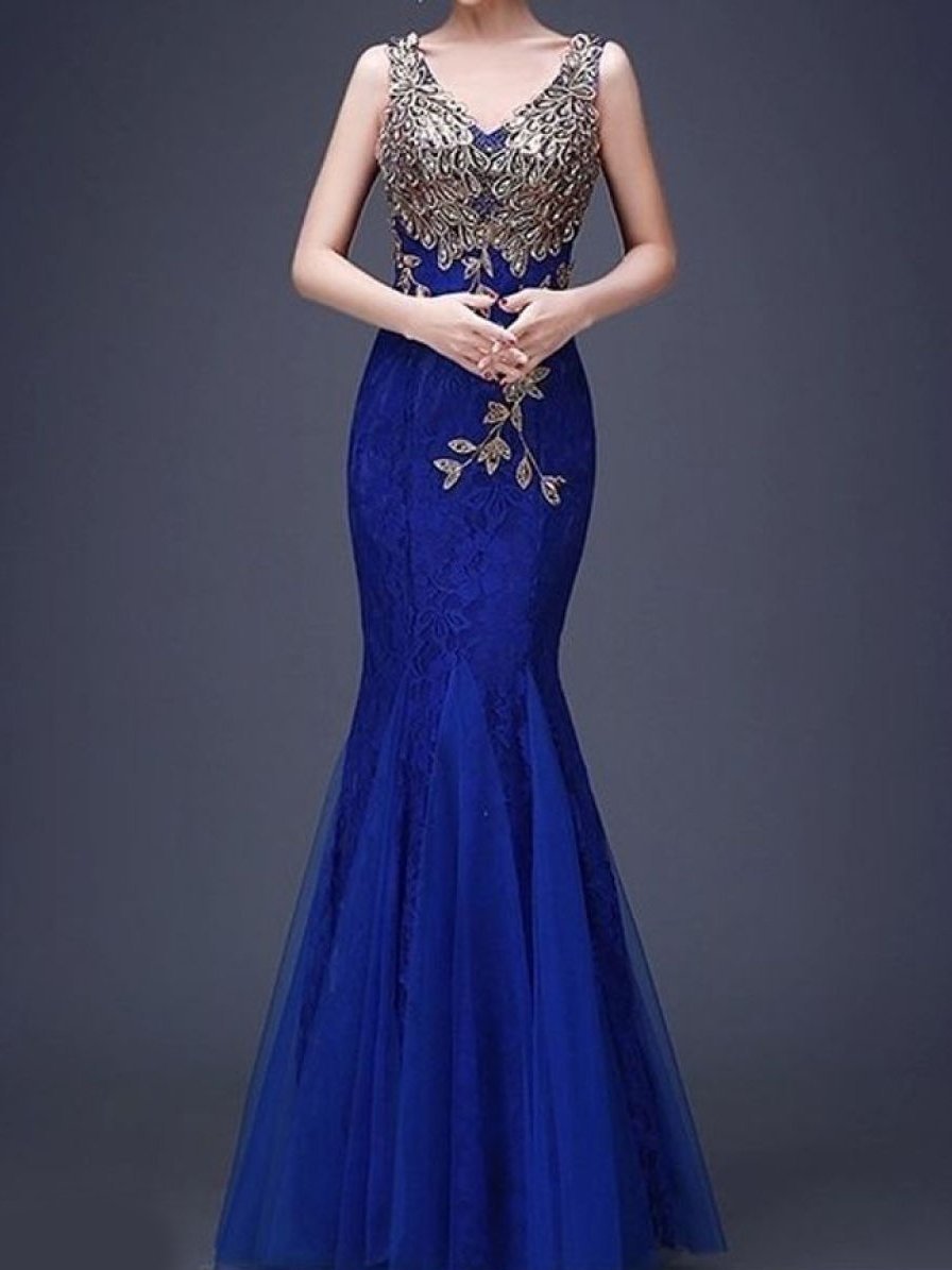 V-Neck Applique Mermaid Evening Dress