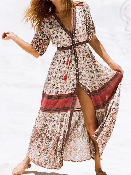 Print Short Sleeve V Neck Vintage Bohemia Dress