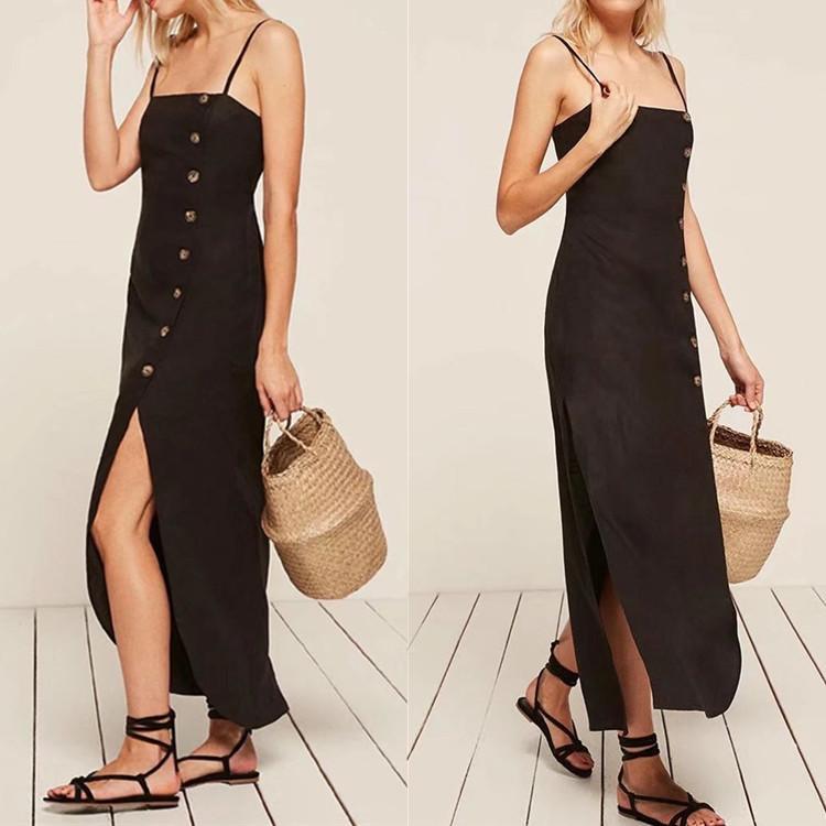 2018 SPAGHETTI STRAPS BUTTON SEXY LONG DRESS