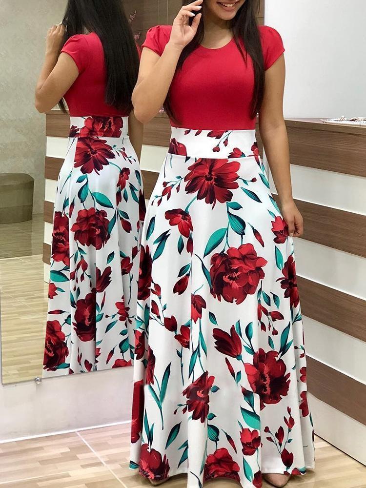 2018 Floral Short Sleeve High Waist Maxi Dress