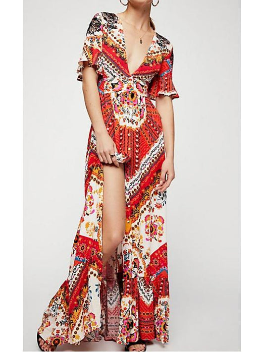 New Printed V Neck Short Sleeve High Split Maxi Dress