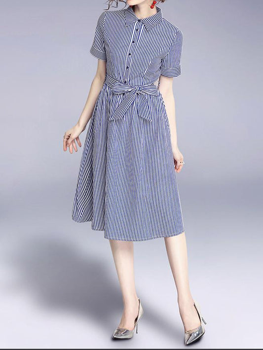 Stripe Lapel Neck Short Sleeve Belt Dress