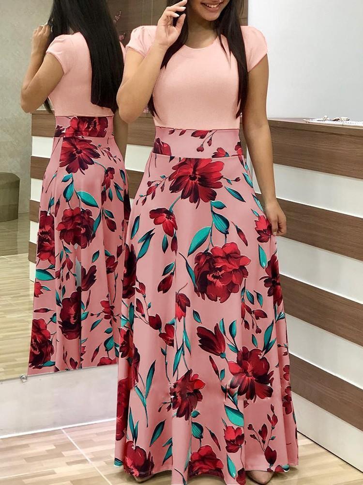 2018 Floral Short Sleeve High Waist Maxi Dress